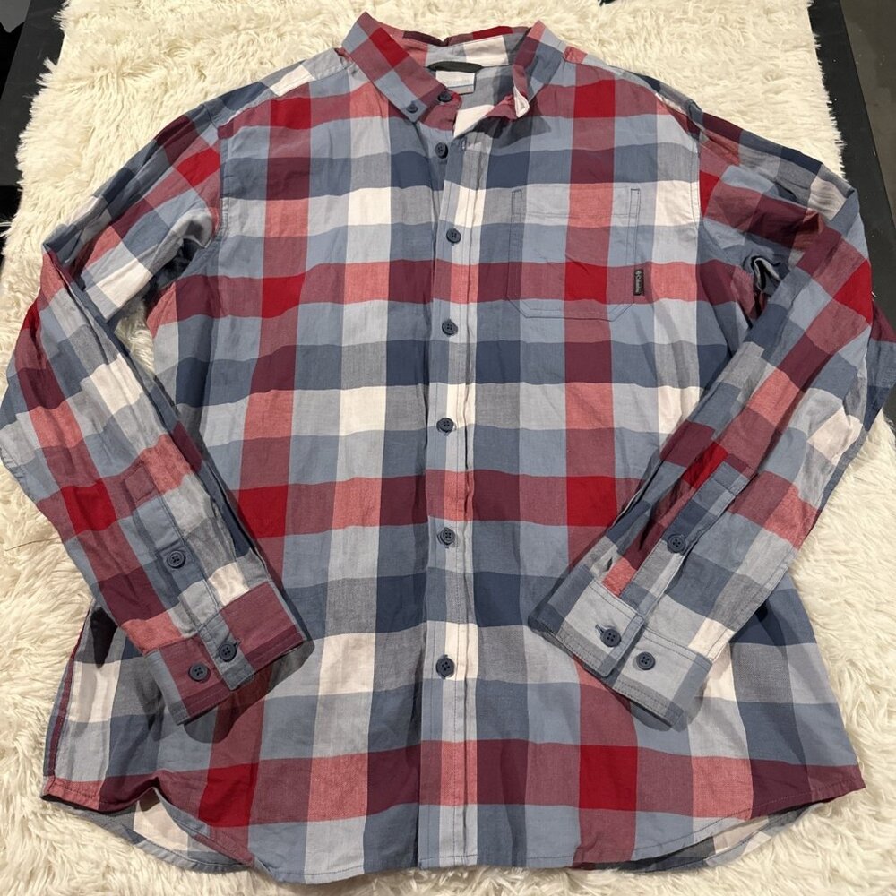 Columbia mens blue red plaing button down L camping outdoors